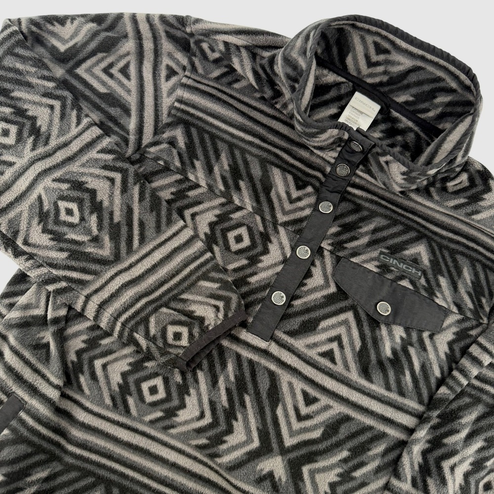 Cinch Fleece‎ Pullover Womens L Grey Black Geometric Tribal Snap Mock Neck Cozy